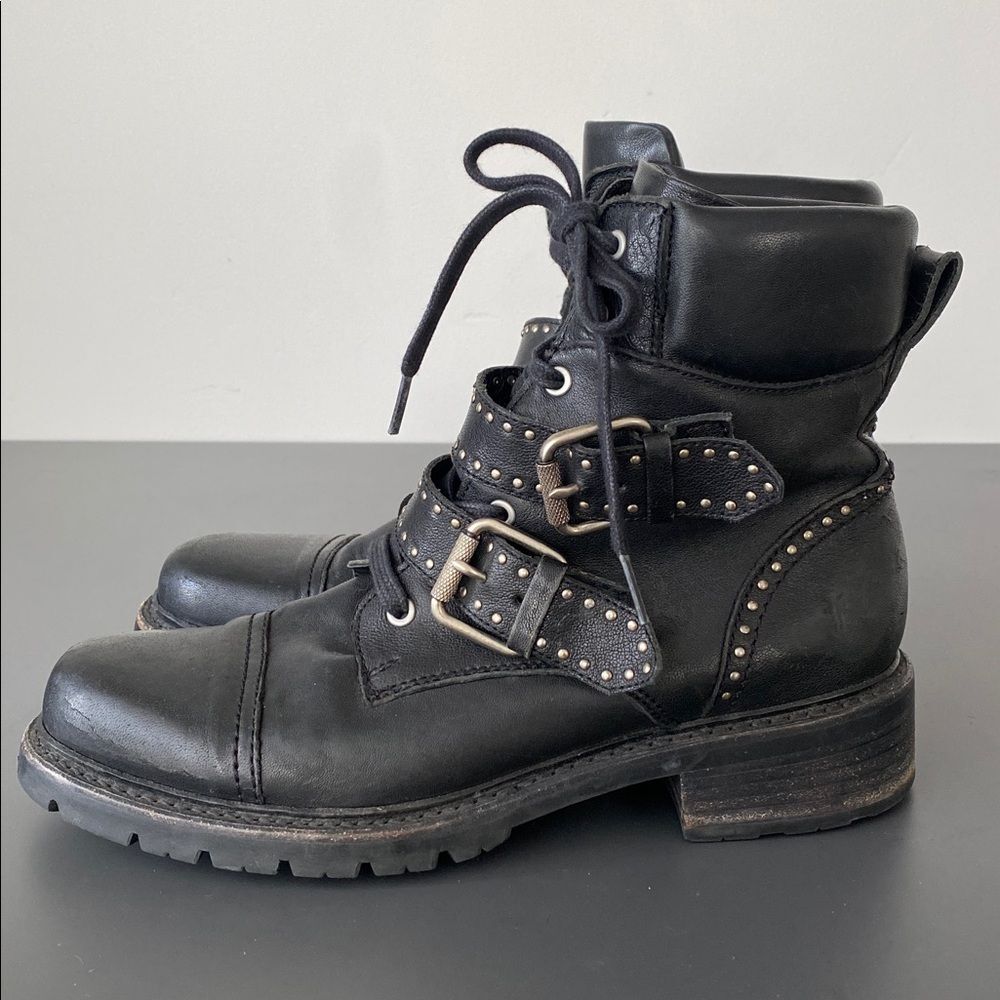 Frye Samantha Stud Hiker Boots Black Leather Women’s 8.5 Moto Biker Grunge Chic